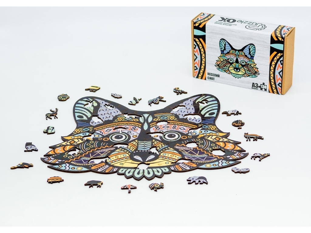 Фигурный деревянный пазл Веселый Енот A3 в картонной упаковке, PuzzleOk