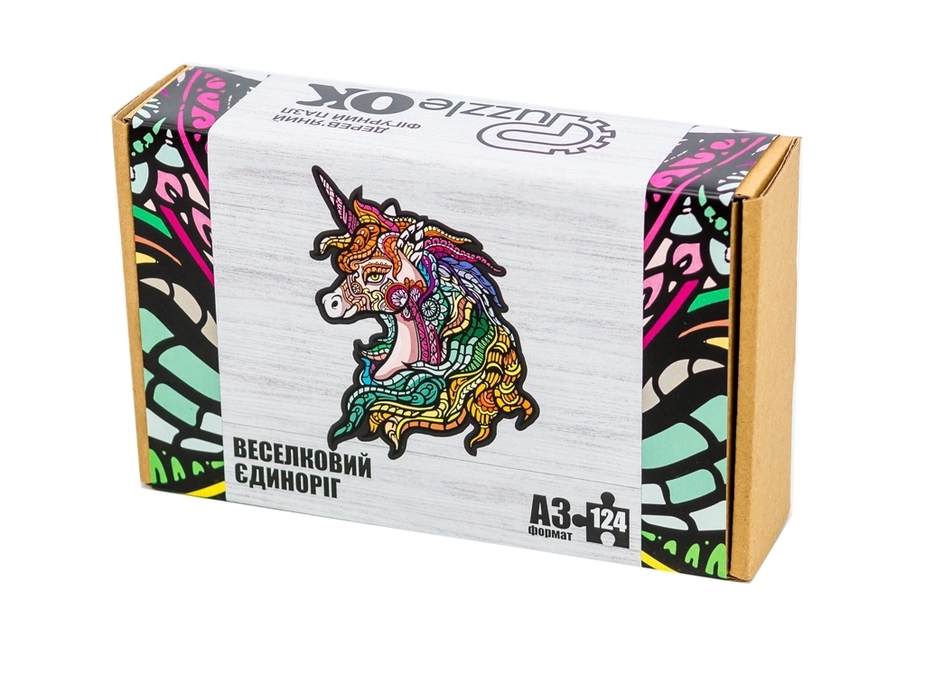Фигурный деревянный пазл Радужный Единорог A3, в картонной упаковке, PuzzleOk