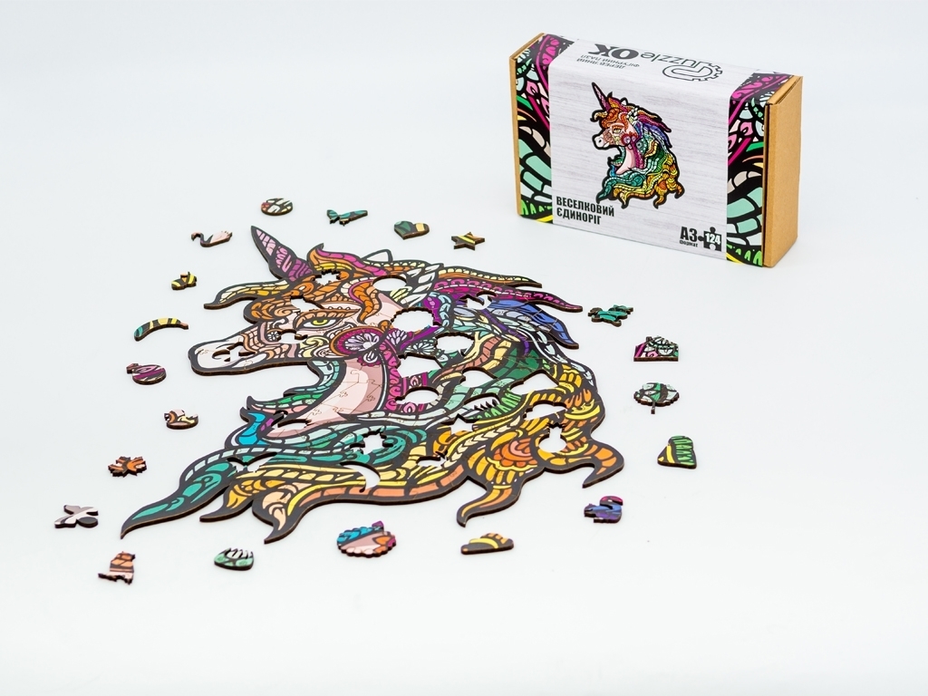 Фигурный деревянный пазл Радужный Единорог A3, в картонной упаковке, PuzzleOk