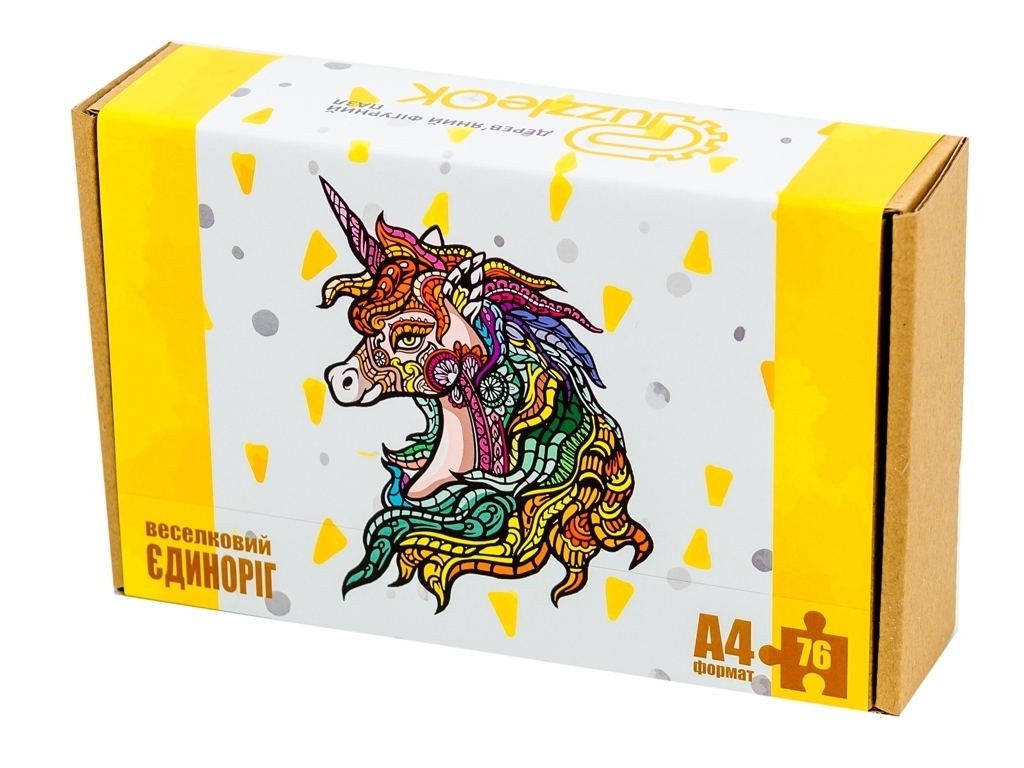 Фигурный деревянный пазл Радужный Единорог A4, в картонной упаковке, PuzzleOk