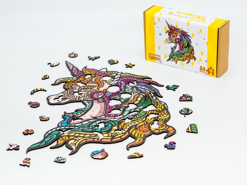Фигурный деревянный пазл Радужный Единорог A4, в картонной упаковке, PuzzleOk