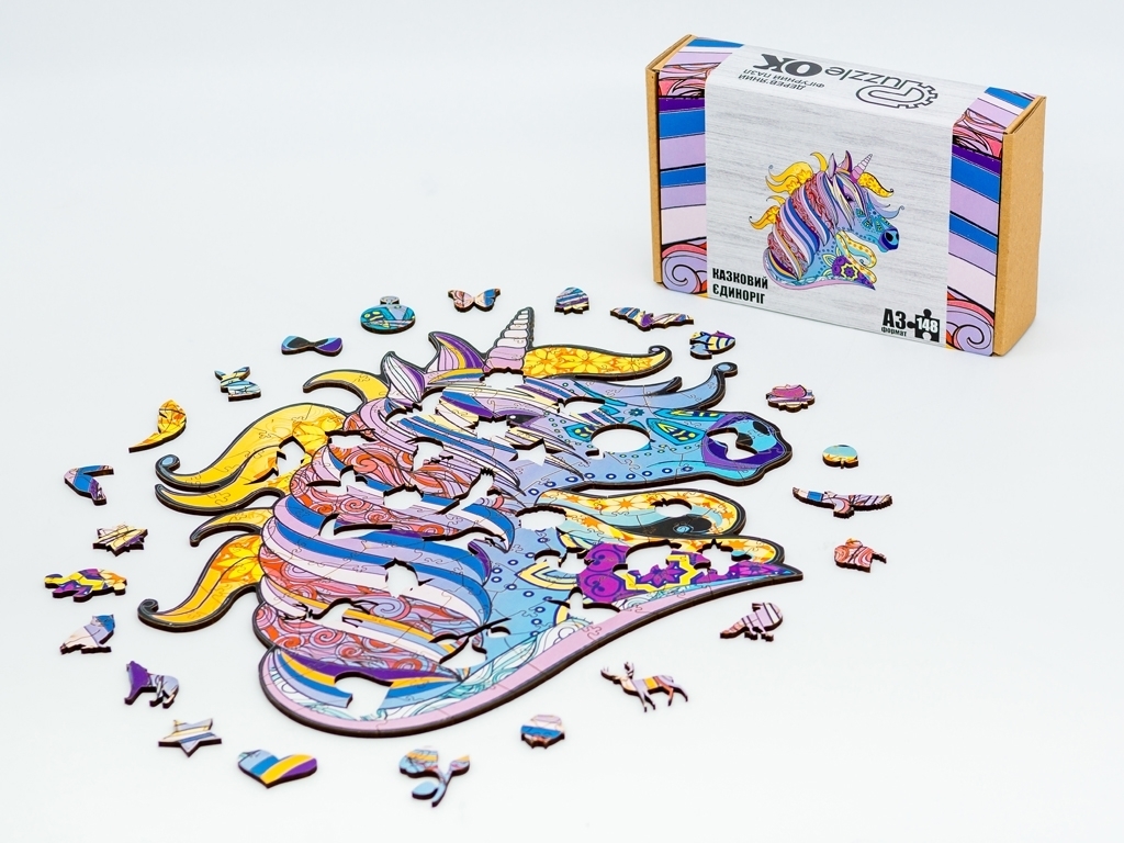 Фигурный деревянный пазл Сказочный Единорог A3, в картонной упаковке, PuzzeOk