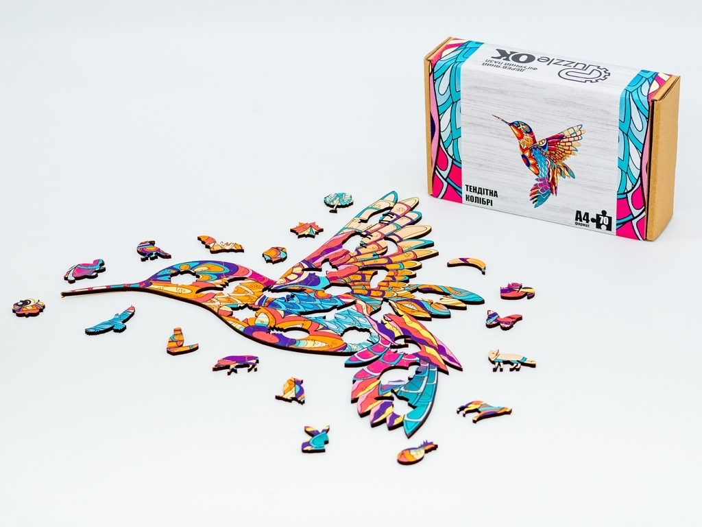 Фигурный деревянный пазл Хрупкая Колибри A4, в картонной упаковке, PuzzleOk