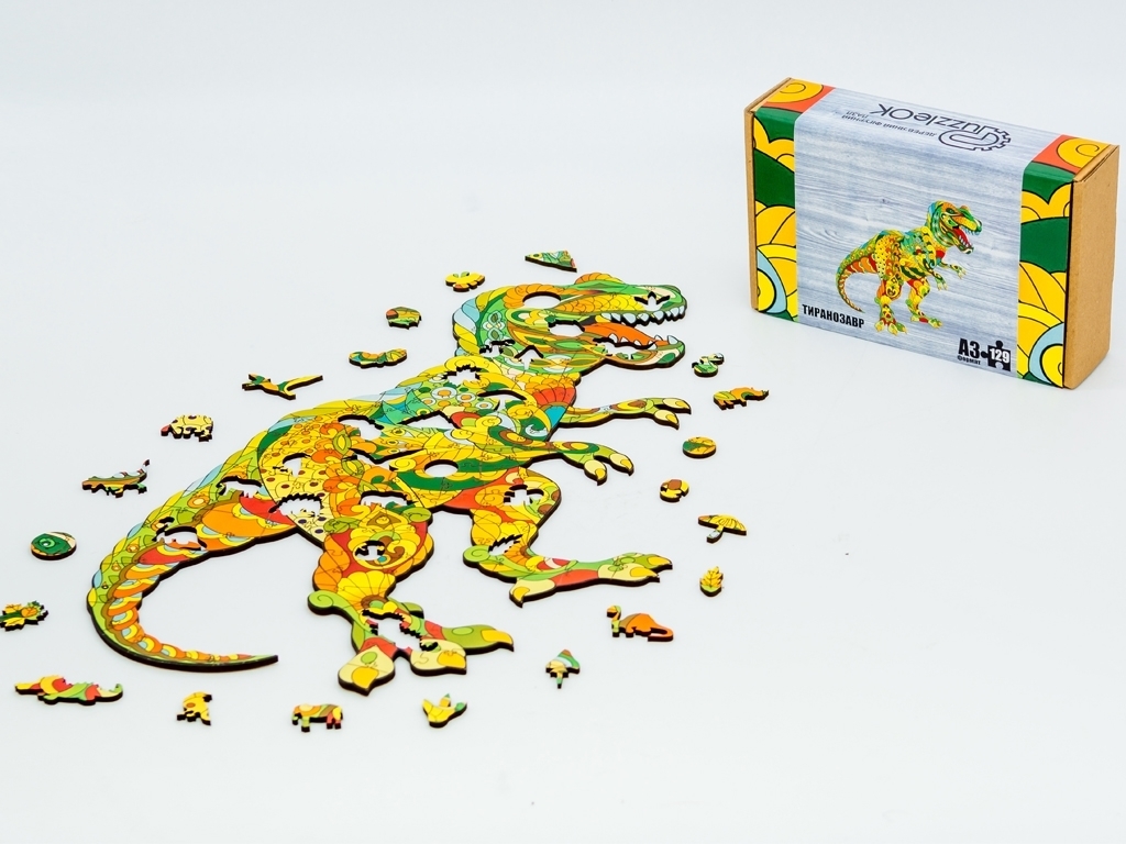 Фигурный деревянный пазл Тиранозавр A3, в картонной упаковке, PuzzleOk