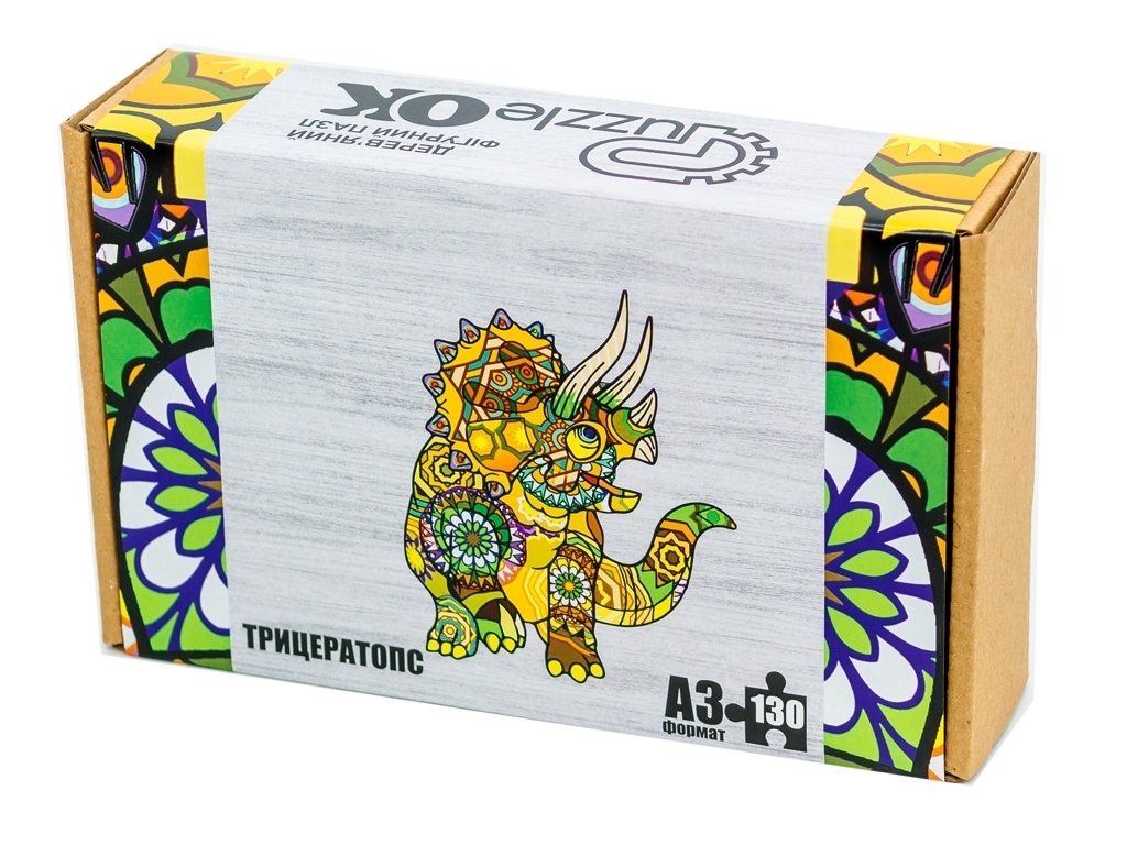 Фигурный деревянный пазл Трицератопс A3, в картонной упаковке, PuzzleOk