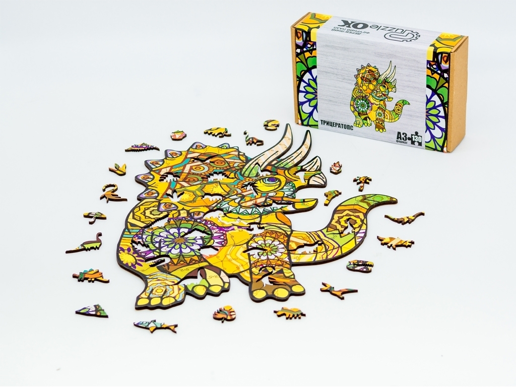 Фигурный деревянный пазл Трицератопс A3, в картонной упаковке, PuzzleOk