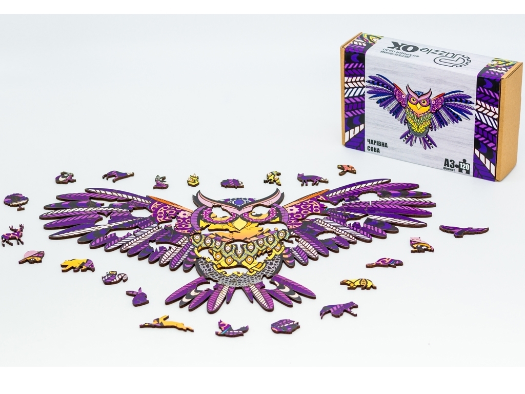 Фигурный деревянный пазл Волшебная Сова A3 в картонной упаковке, PuzzleOK