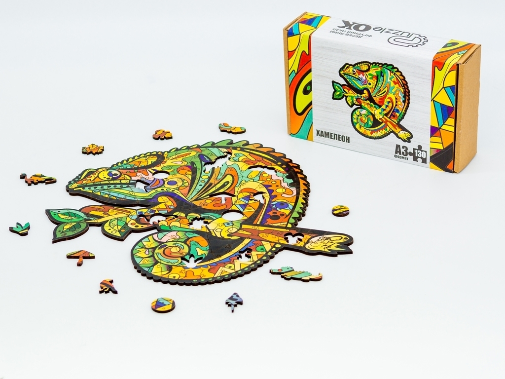 Фигурный деревянный пазл Хамелеон A3, в картонной упаковке, PuzzleOk