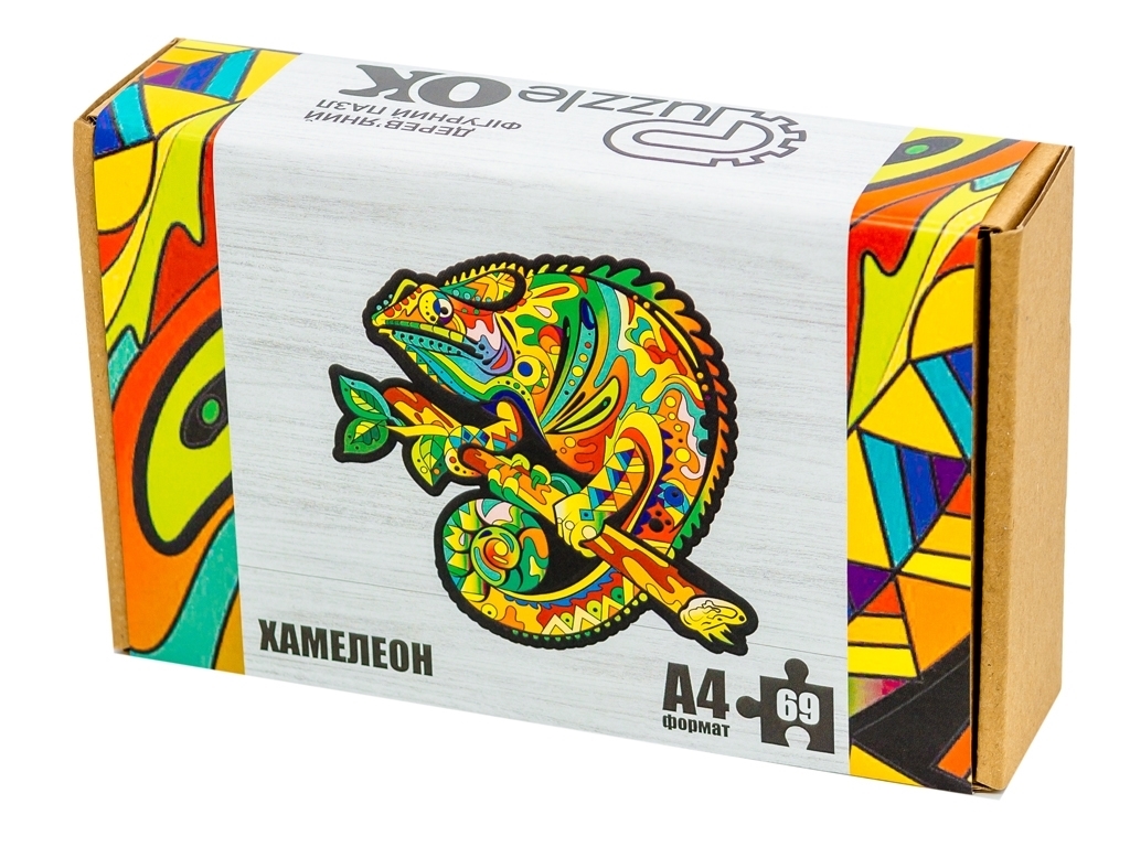 Фигурный деревянный пазл Хамелеон A4, в картонной упаковке, PuzzleOk