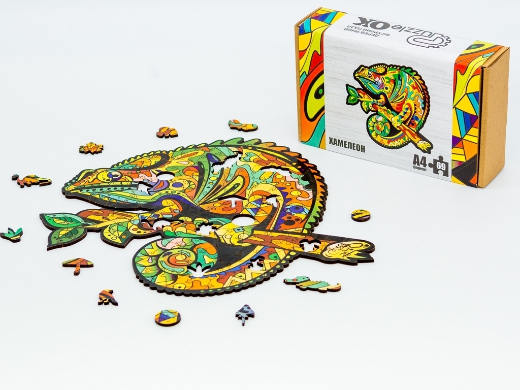 Фигурный деревянный пазл Хамелеон A4, в картонной упаковке, PuzzleOk