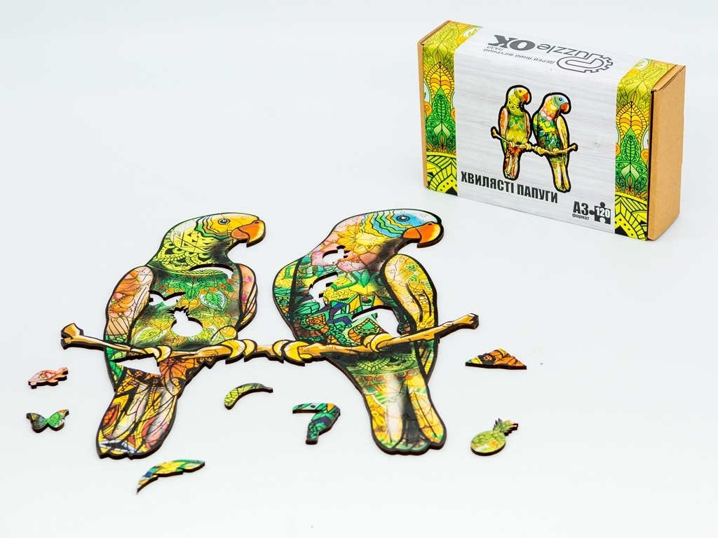 Фигурный деревянный пазл Волнистые попугаи A3 в картонной упаковке, PuzzleOk