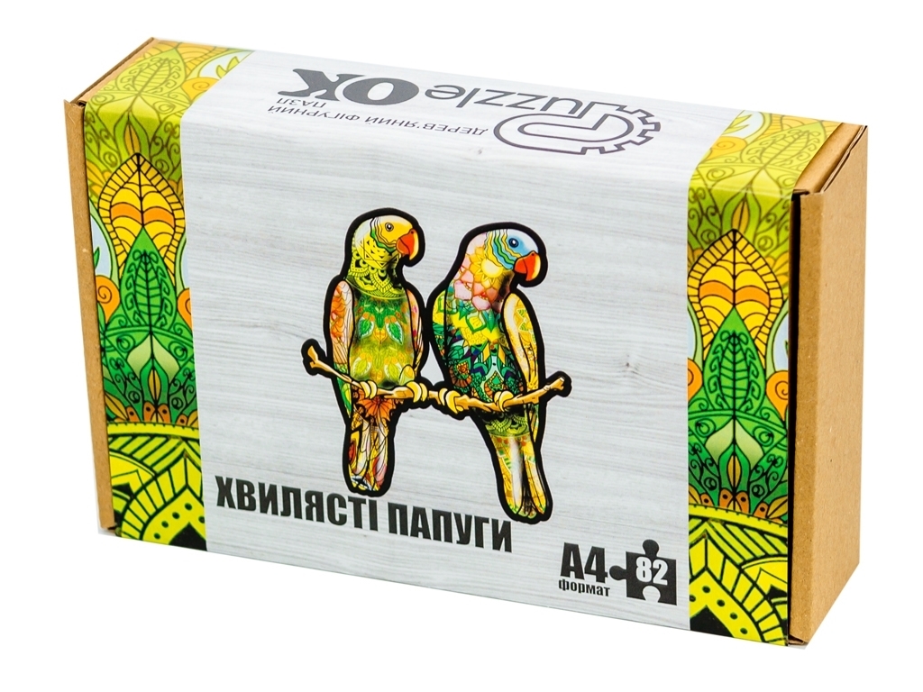 Фигурный деревянный пазл Волнистые попугаи A4 в картонной упаковке, PuzzleOK