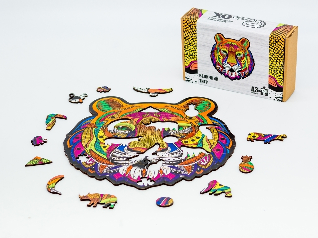 Фигурный деревянный пазл Величественный Тигр A3 в картонной упаковке, PuzzleOk