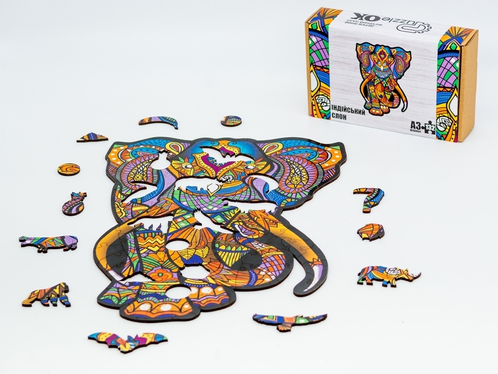 Фигурный деревянный пазл Индийский слон A3, в картонной упаковке, PuzzleOk