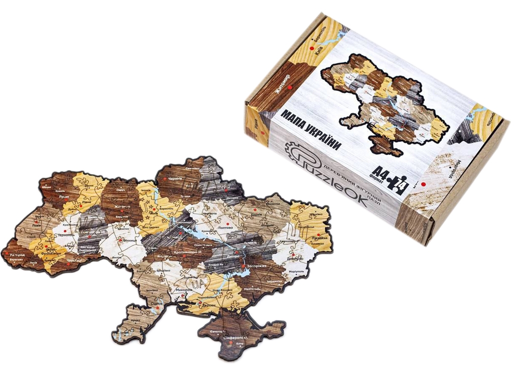 Фигурный деревянный пазл Карта Украины A3, в картонной упаковке, PuzzleOk