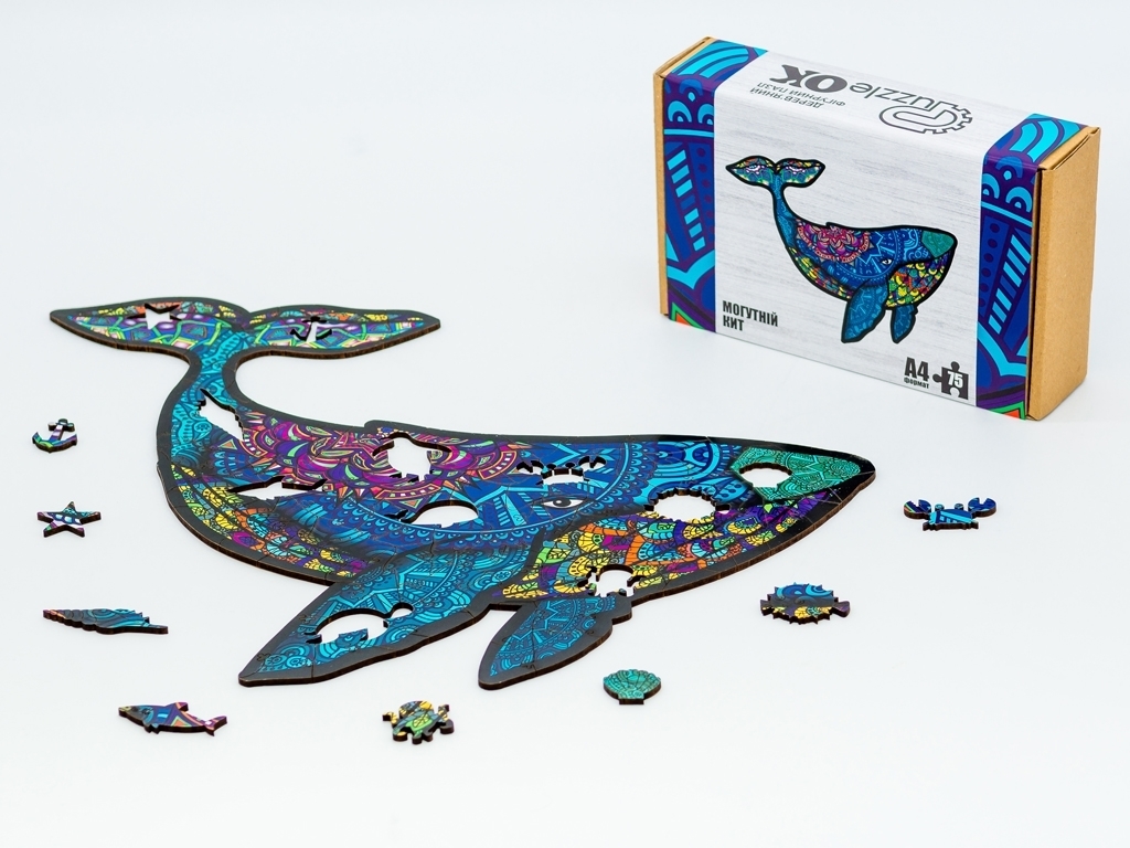 Фигурный деревянный пазл Могучий Кит A4, в картонной упаковке, PuzzleOK