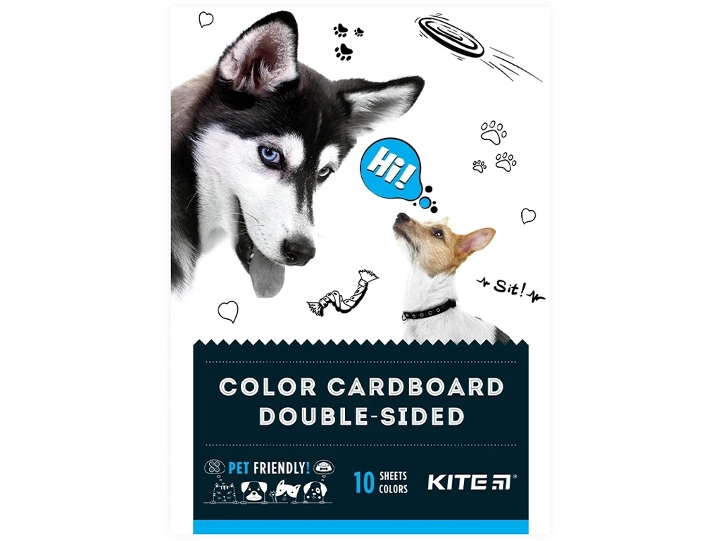 Картон кольоровий двосторонній А5 Dogs 10 аркушів, 10 кольорів, Kite
