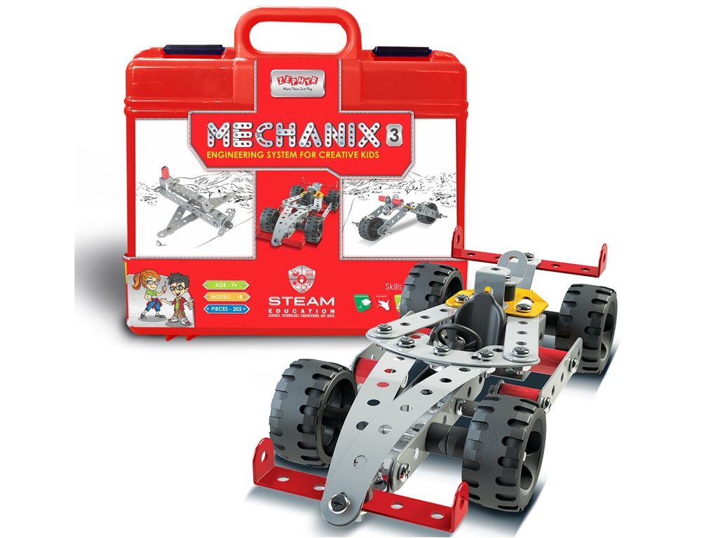 Металлический конструктор в пластиковом кейсе MECHANIX №3. 202 элемента. 18 моделей. ZEPHYR 01070