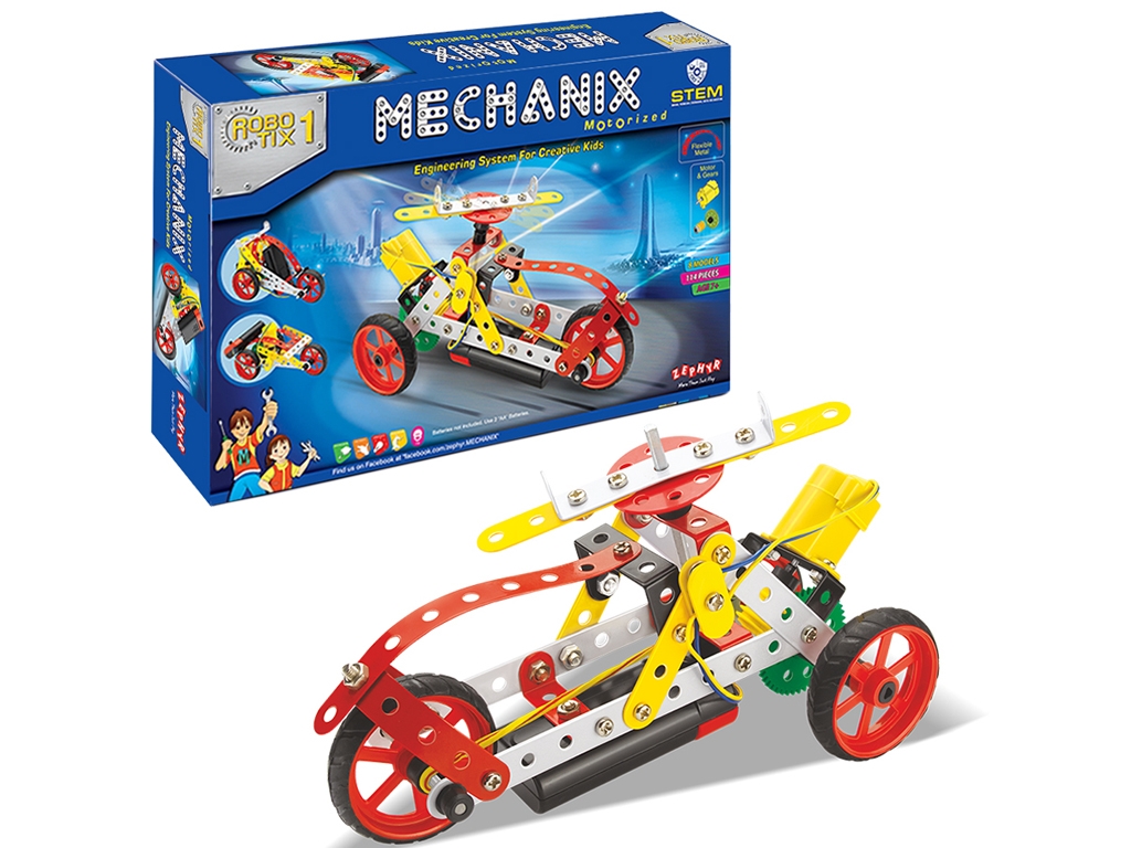 Конструктор металлический с мотором ROBOTIX №1 мотоцикл, 114 элементов, 8 моделей, ZEPHYR