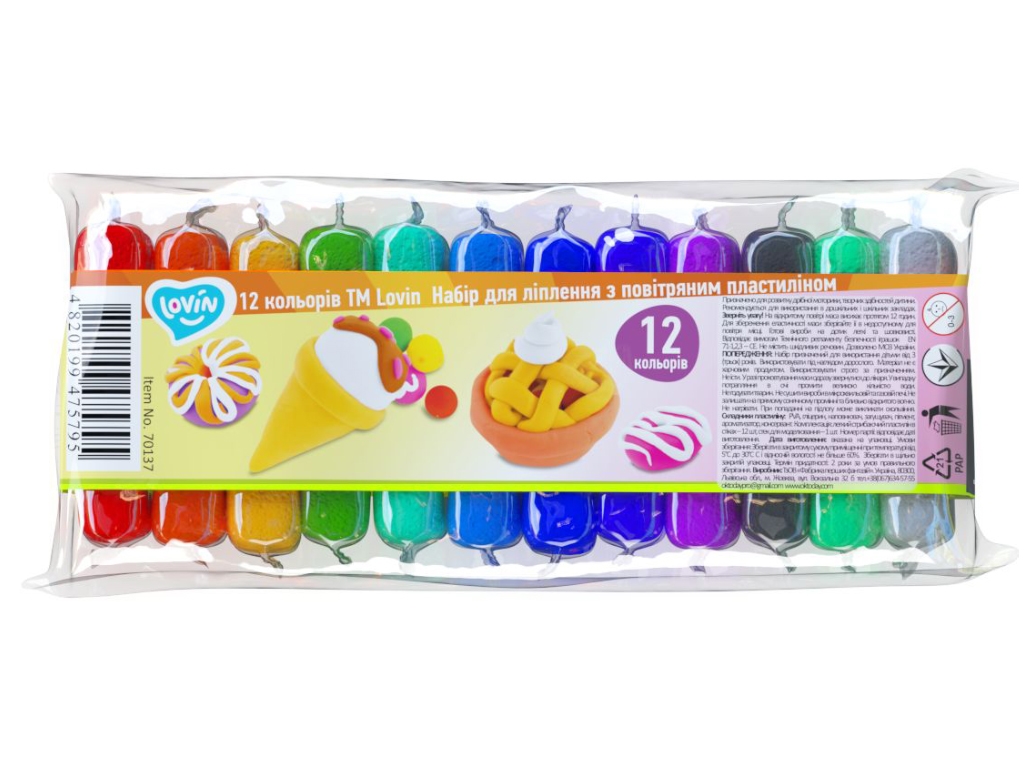 Набір повітряного пластиліну. 12 кольорів. TM LOVIN'DO 70137