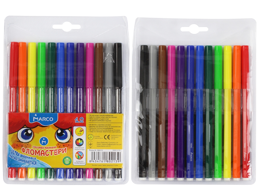 Набір водних фломастерів 12 кольорів Super Washable. Marco 1690-12