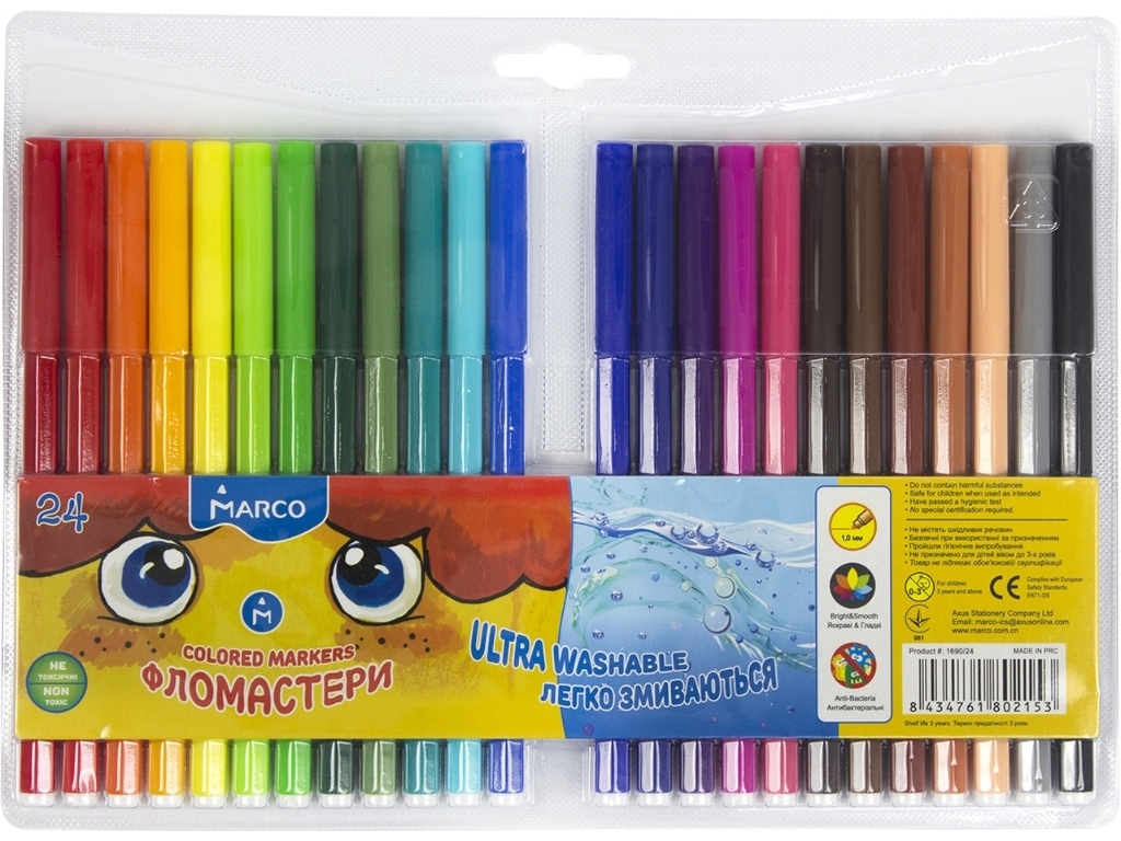 Набір водних фломастерів 24 кольори Super Washable. Marco 1690-24