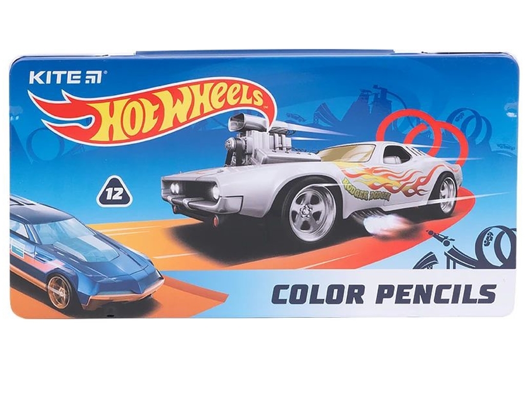 Карандаши цветные трехгранные в металлическом пенале Hot Wheels 12шт, Kite