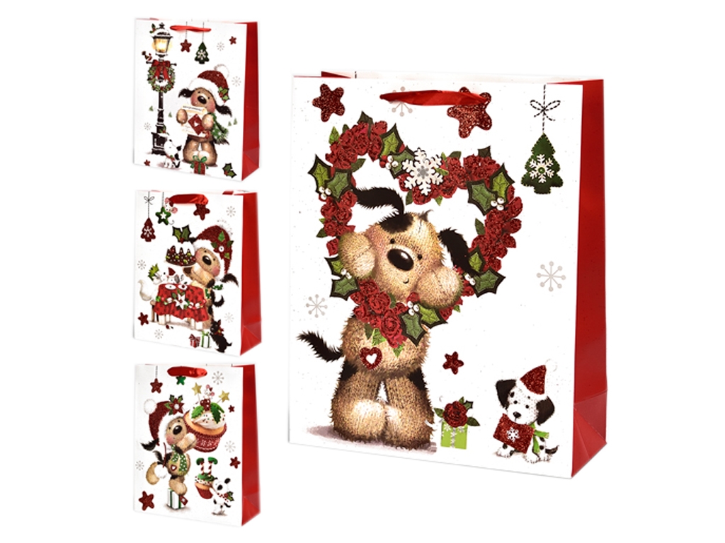 Пакет новогодний бумажный M Christmas puppy 26х32х10 см, R90857-M