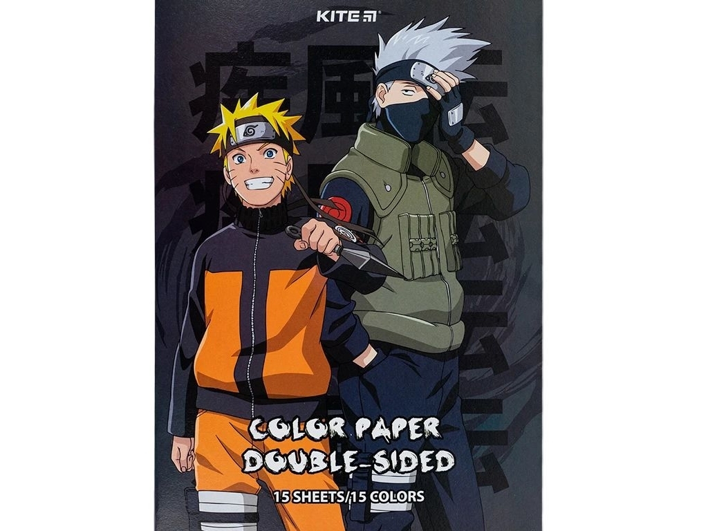 Папір кольоровий двостороній Naruto Shippuden А4, 15 аркушів, 15 кольорів, Kite