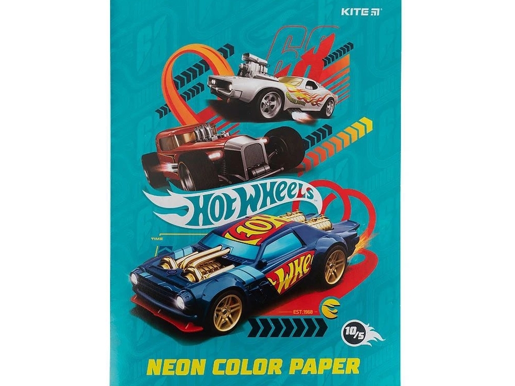 Бумага цветная неоновая Hot Wheels А4, 10 листов, 5 цветов, Kite
