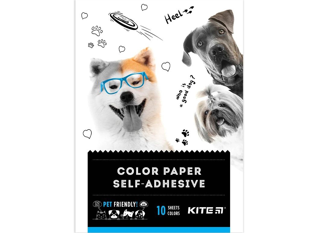 Папір кольоровий самоклейкий Dogs А5, 10 аркушів, 10 кольорів, Kite