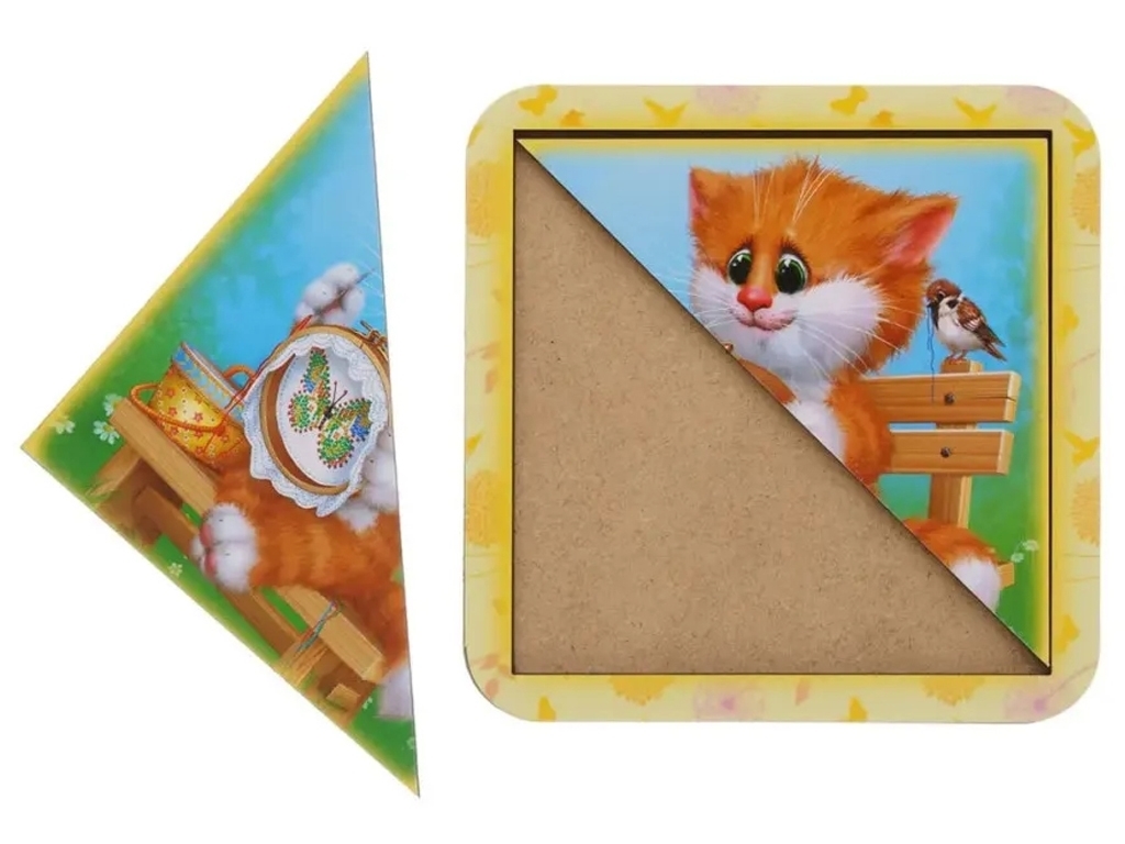 Пазл разрезной в рамке Котик-5, 11×11 см, деревянный, Ubumblesbees